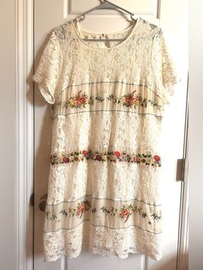 Johnny Was 4 Love & Liberty Ivory Lace Embroidered Midi Dress & Silk Slip XL